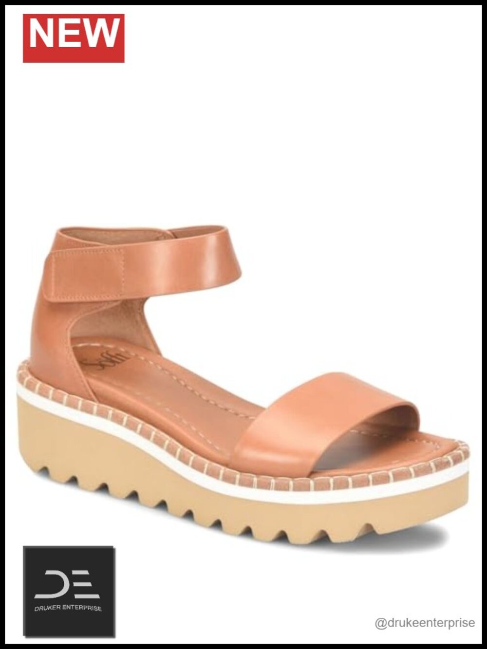 Women's Leather Wedge Sandals - Open Toe Ankle Strap Hook & Loop Closure